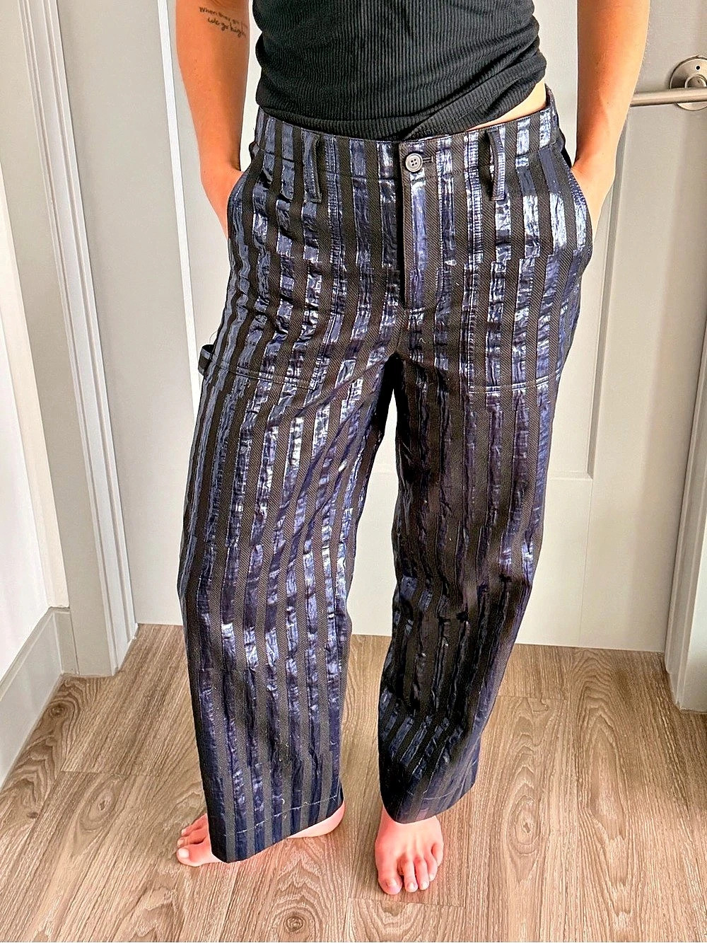 Wide Leg Striped Pants in Black & Blue Like New